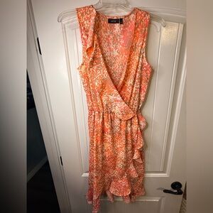 Apt 9 Coral Abstract Wrap Style Sleeveless Dress Ruffle Hem XS